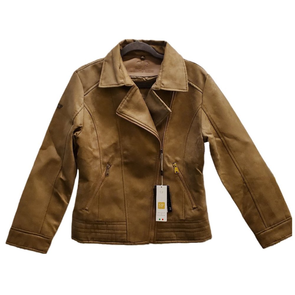 NWT Superlative Fashion Faux Suede Tan Zip Front Moto Jacket Size Medium